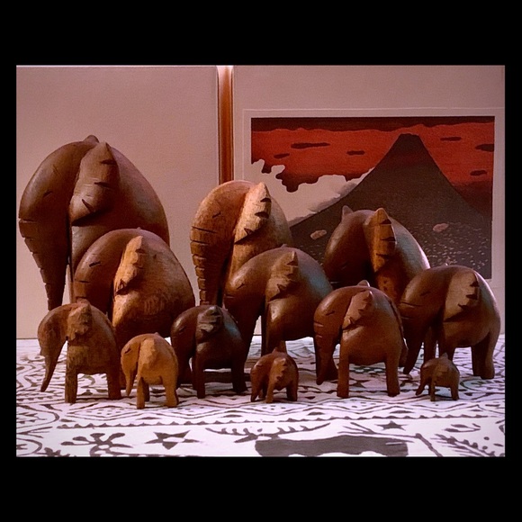 Vintage Wooden Figurine Set 12 African Elephants